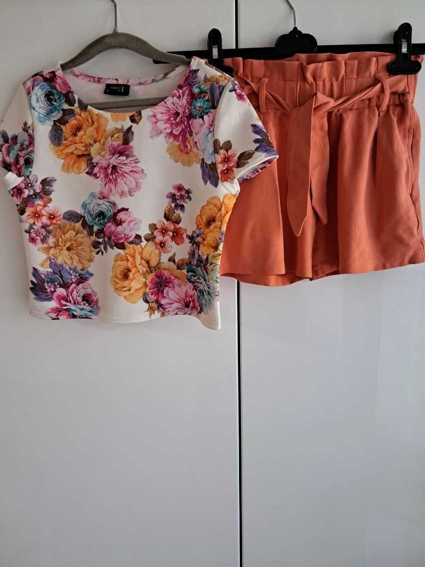 Cudny zestaw:) spodenki PaperBag bluzeczka w kwiaty roz 128/134