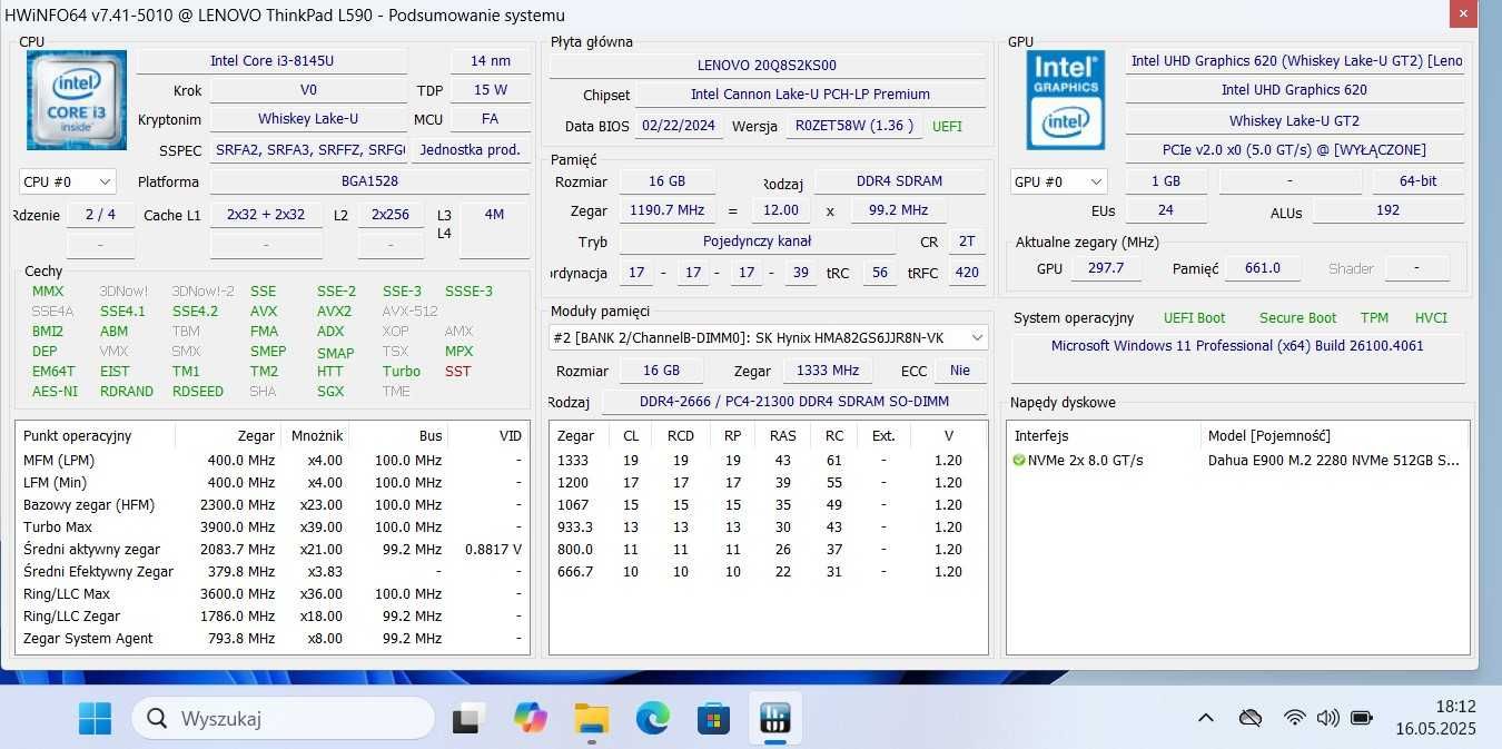 Laptop 15,6'' Lenovo ThinkPad L590 i3-8145U/16GB/512GB SSD/JAK NOWY
