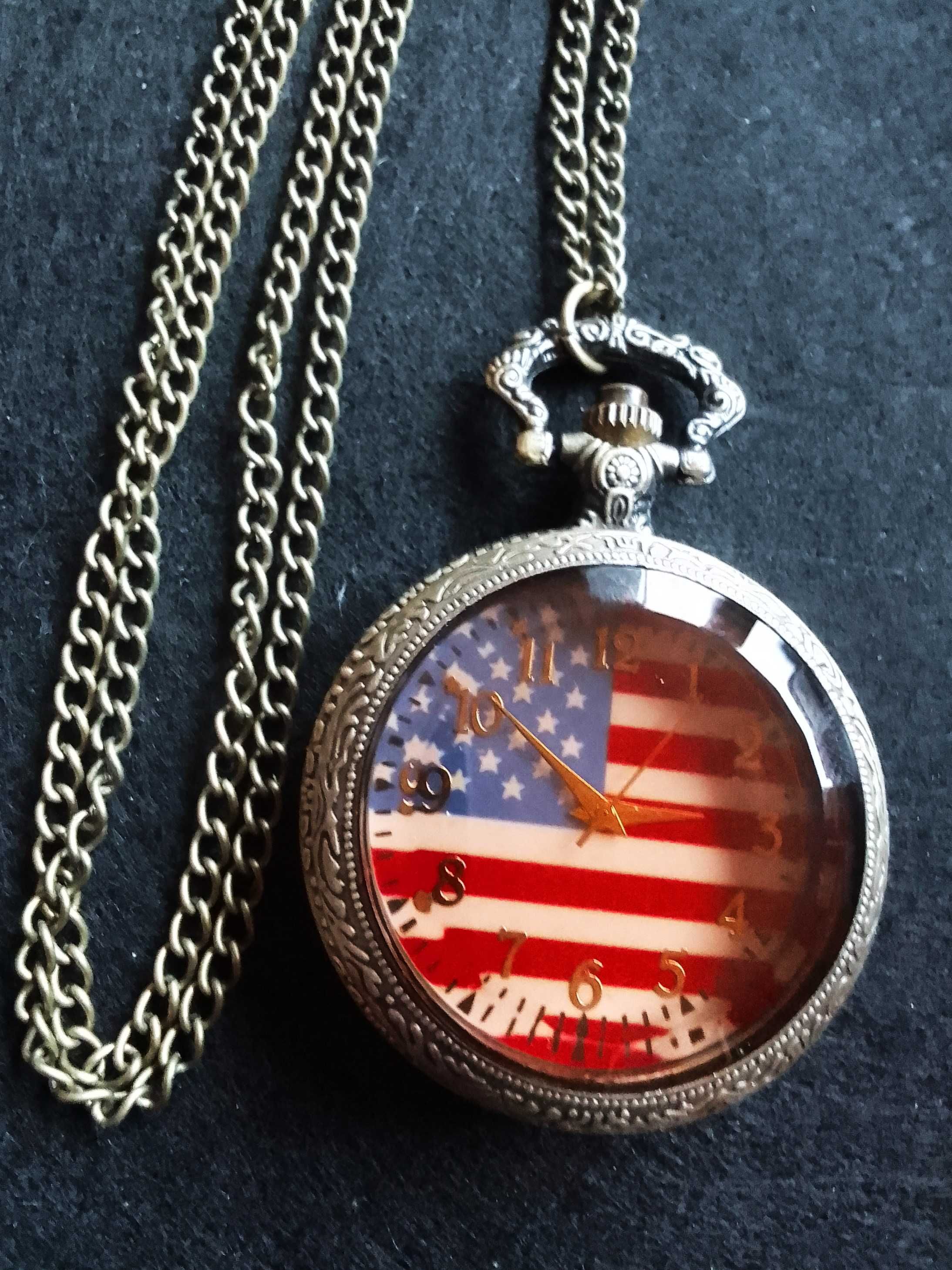 Męski kieszonkowy zegarek z łańcuszkiem vintage USA flaga NOWY
