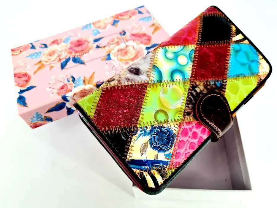 Patchwork portfel skórzany damski modny stylowy ekstra wzór nowy
