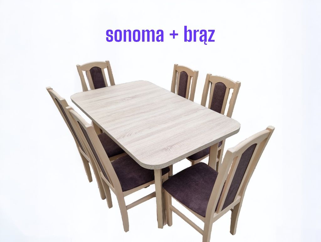 Od ręki: Stół 80x140/180 + 6 krzeseł, SONOMA + BRĄZ, dostawa PL, NOWE