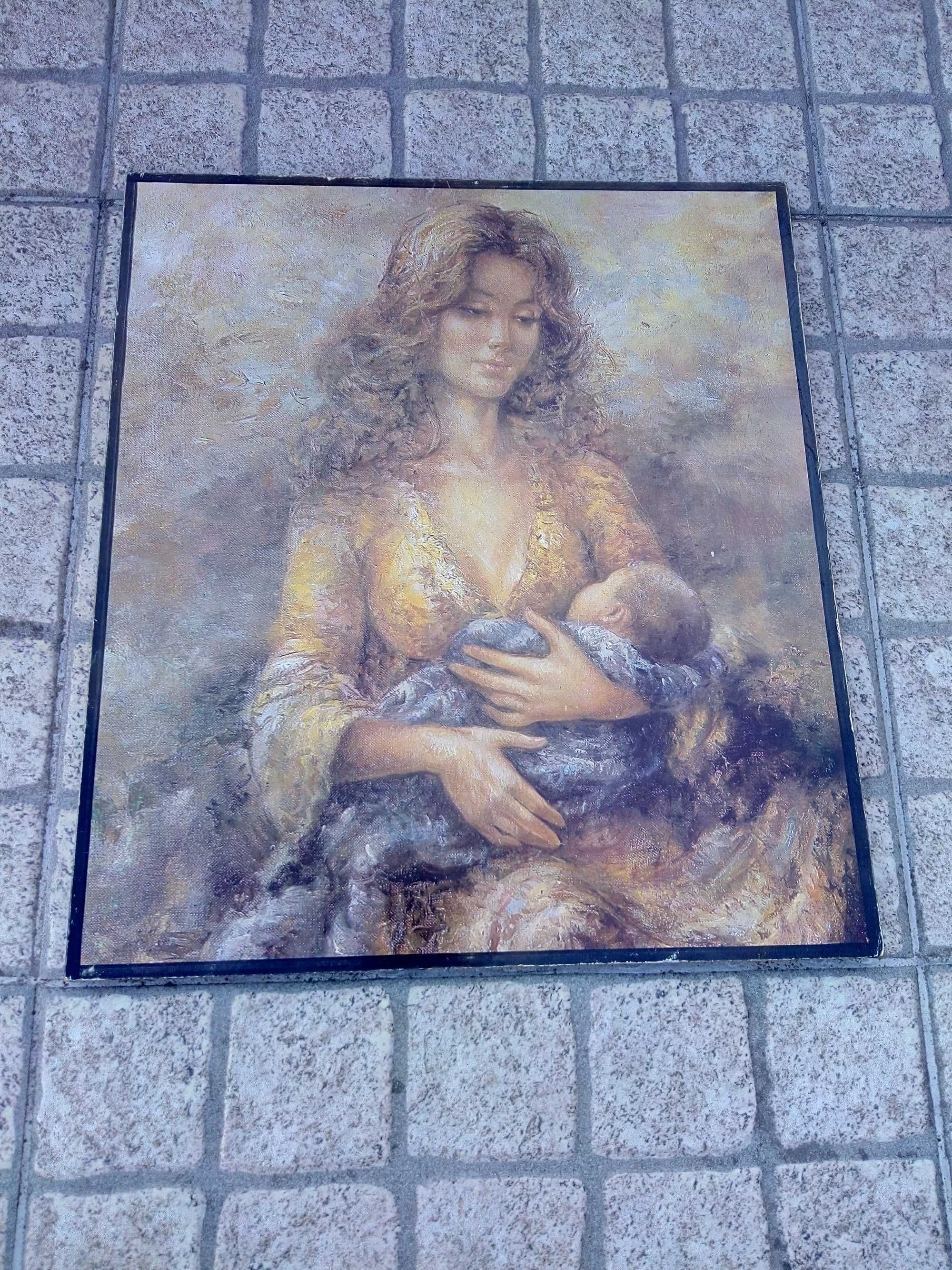 Quadro com mulher e bebé ao colo a amamentar amarelo e azul