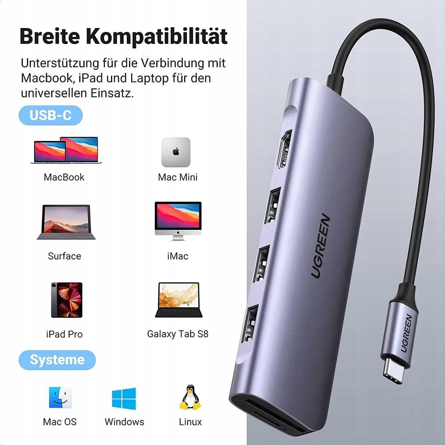 HUB ADAPTER USB-C HDMI 4K PD 3xUSB 3,0 czytnik kart SD/TF [2148]