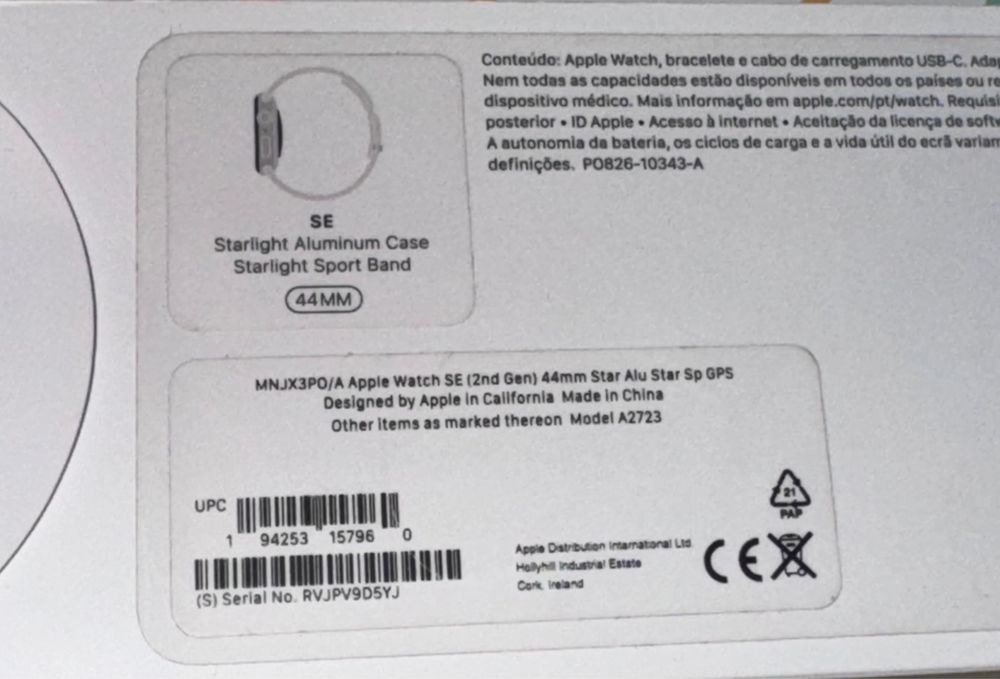 Apple Watch SE 2ª Geração 44mm GPS – Bateria 100%