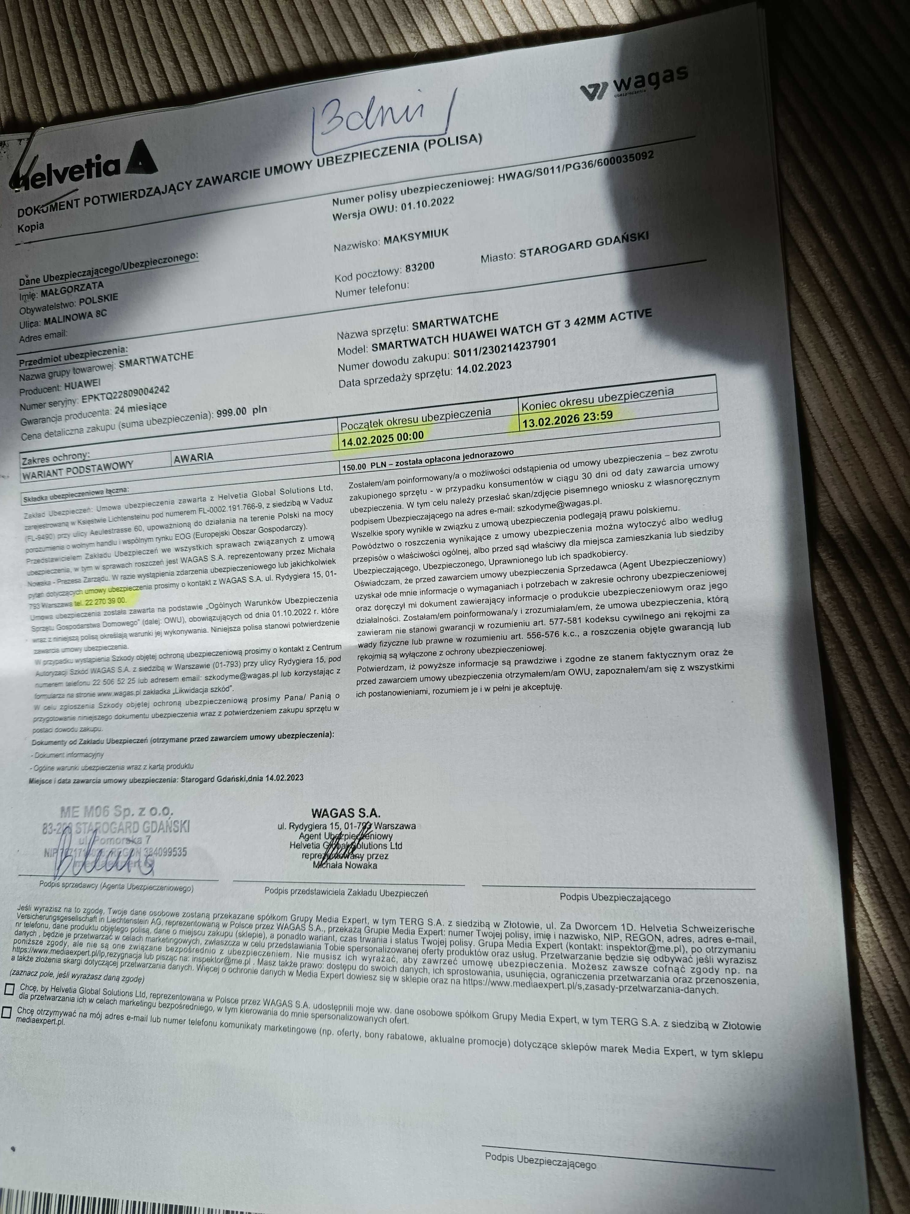 Zegarek Huawei Watch GT-3 (GT 3-499) z roczną gwarancją i nową opaską.