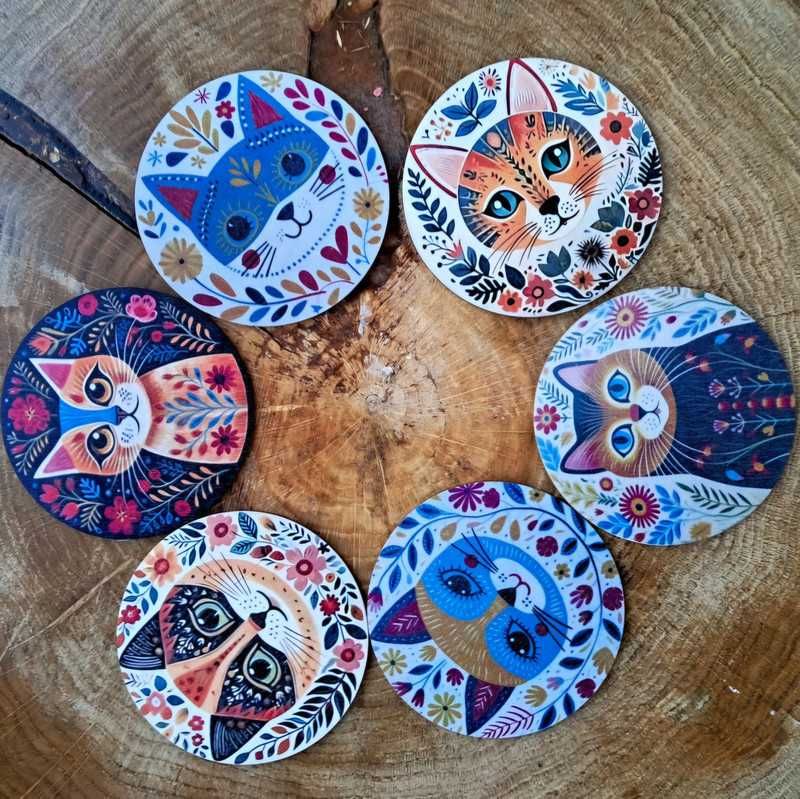 Leśne drewniane boho etno podkładki pod szklanki kubki koty zestaw 6