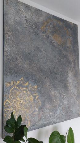 Obraz strukturalny 100x80cm szary złoty mandala