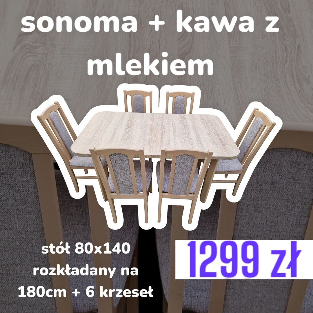Nowe: Stół 80x140/180 + 6 krzeseł, olcha + cappuccino, dostawa cała PL