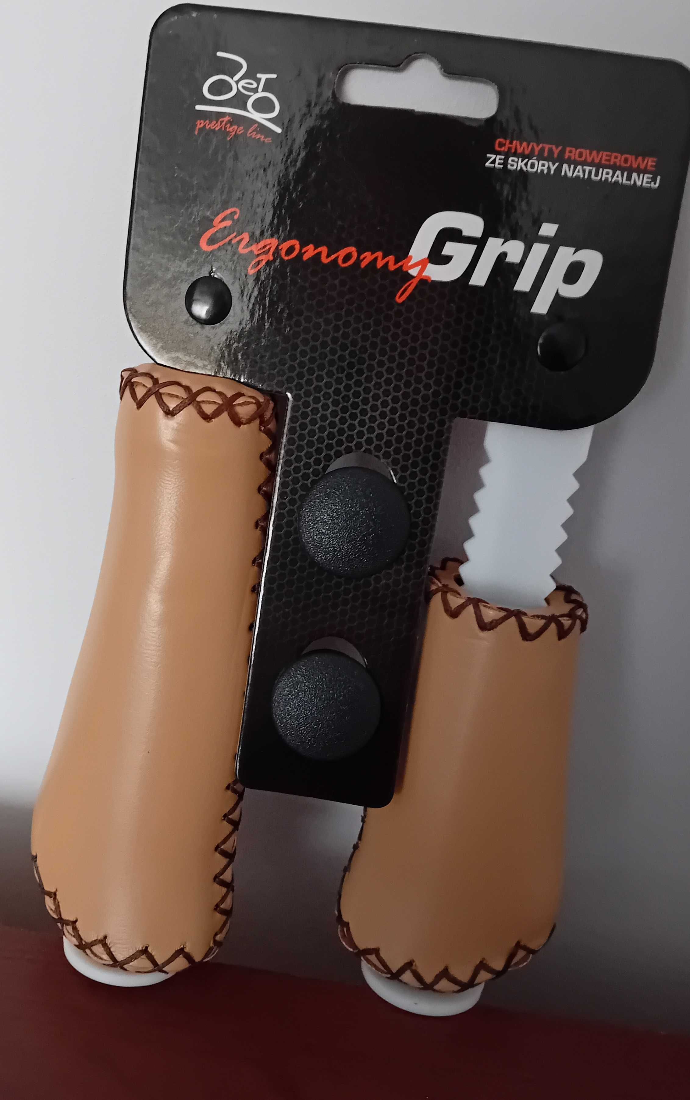 Ergonomiczne chwyty rowerowe ze skóry naturalnej / jasno brązowe /.