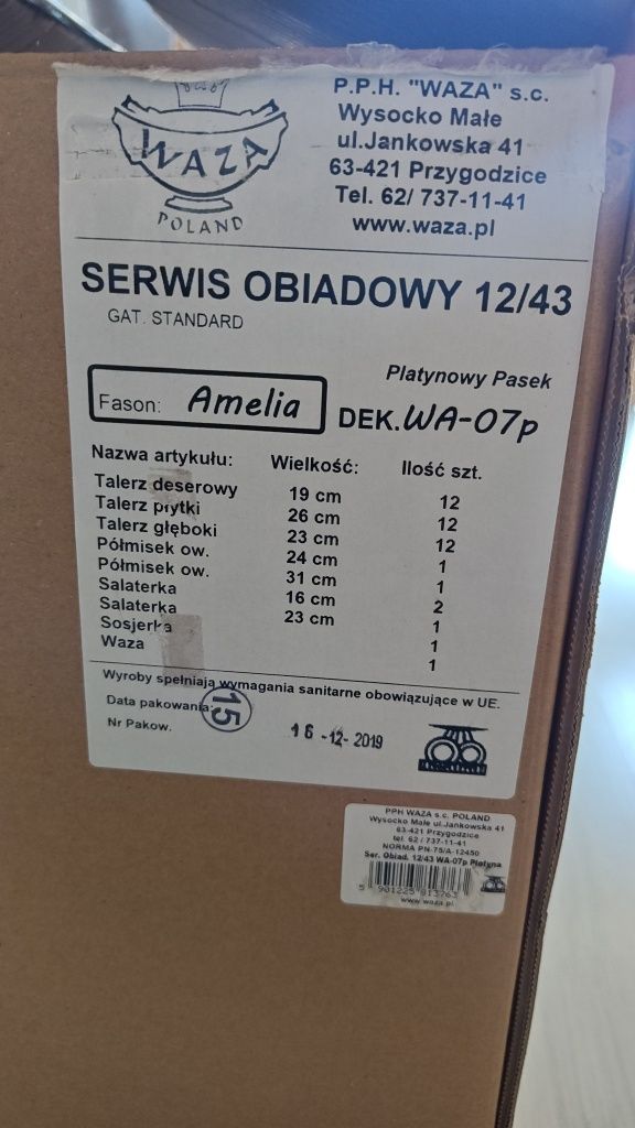 NOWY serwis obiadowy WAZA Amelia 12 osobowy / 43 elementy