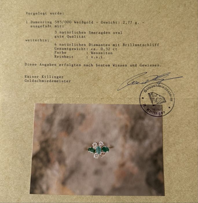 Anel ouro branco 14K certificado. Verdadeiras esmeraldas e diamantes.