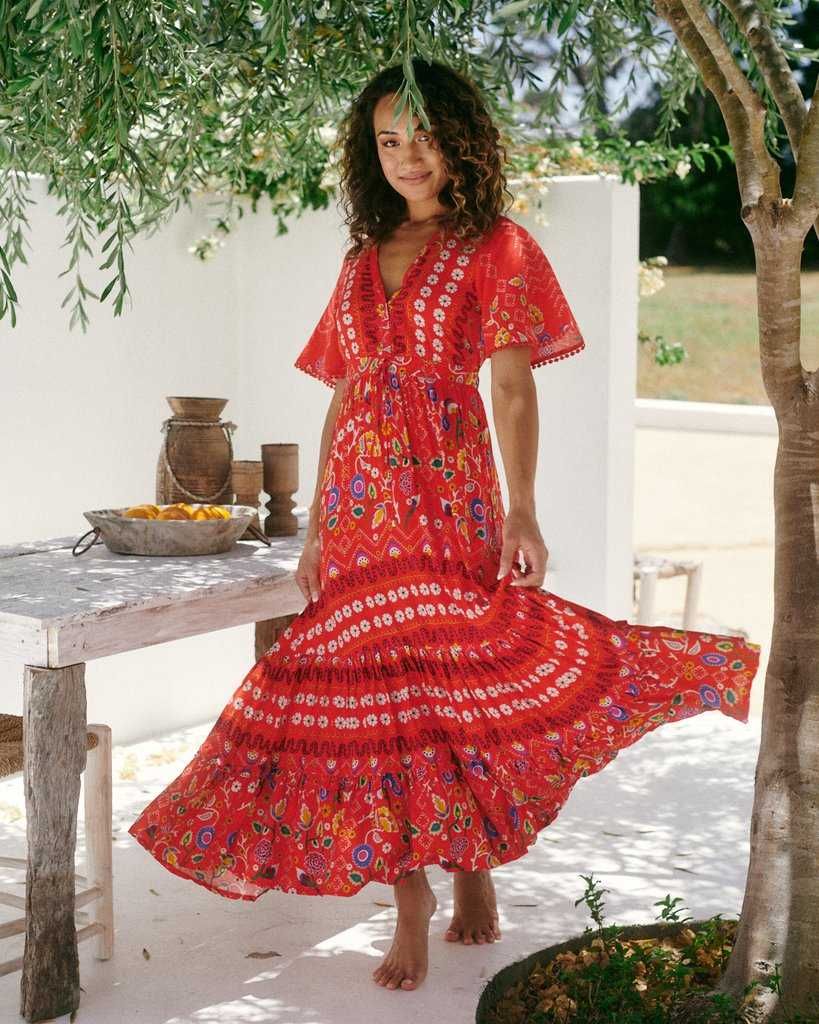 Платье макси красное в этно, бохо стиле в цветочный принт jaase