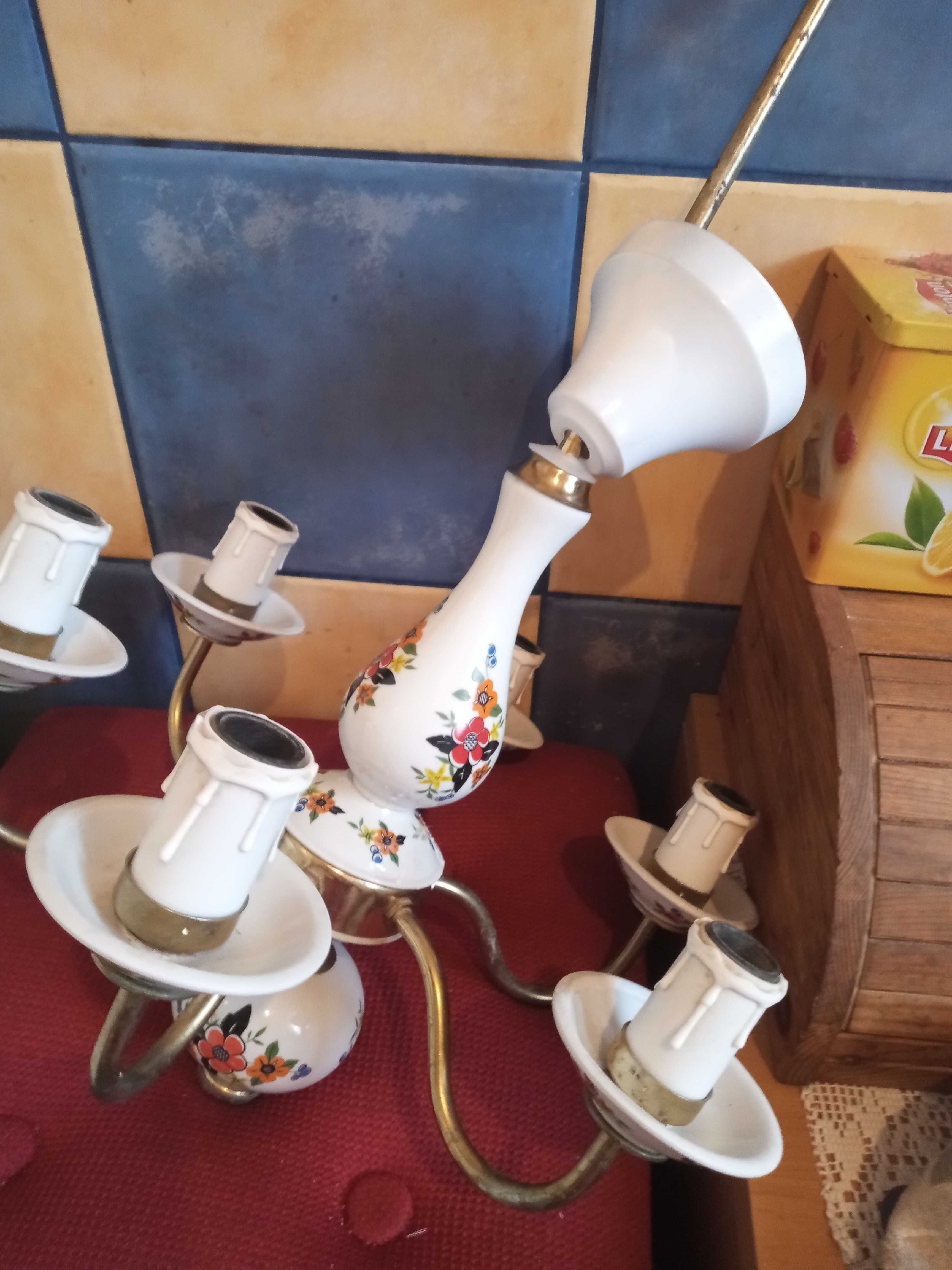 Żyrandol vintage, ceramiczny, ręcznie malowany, PRL