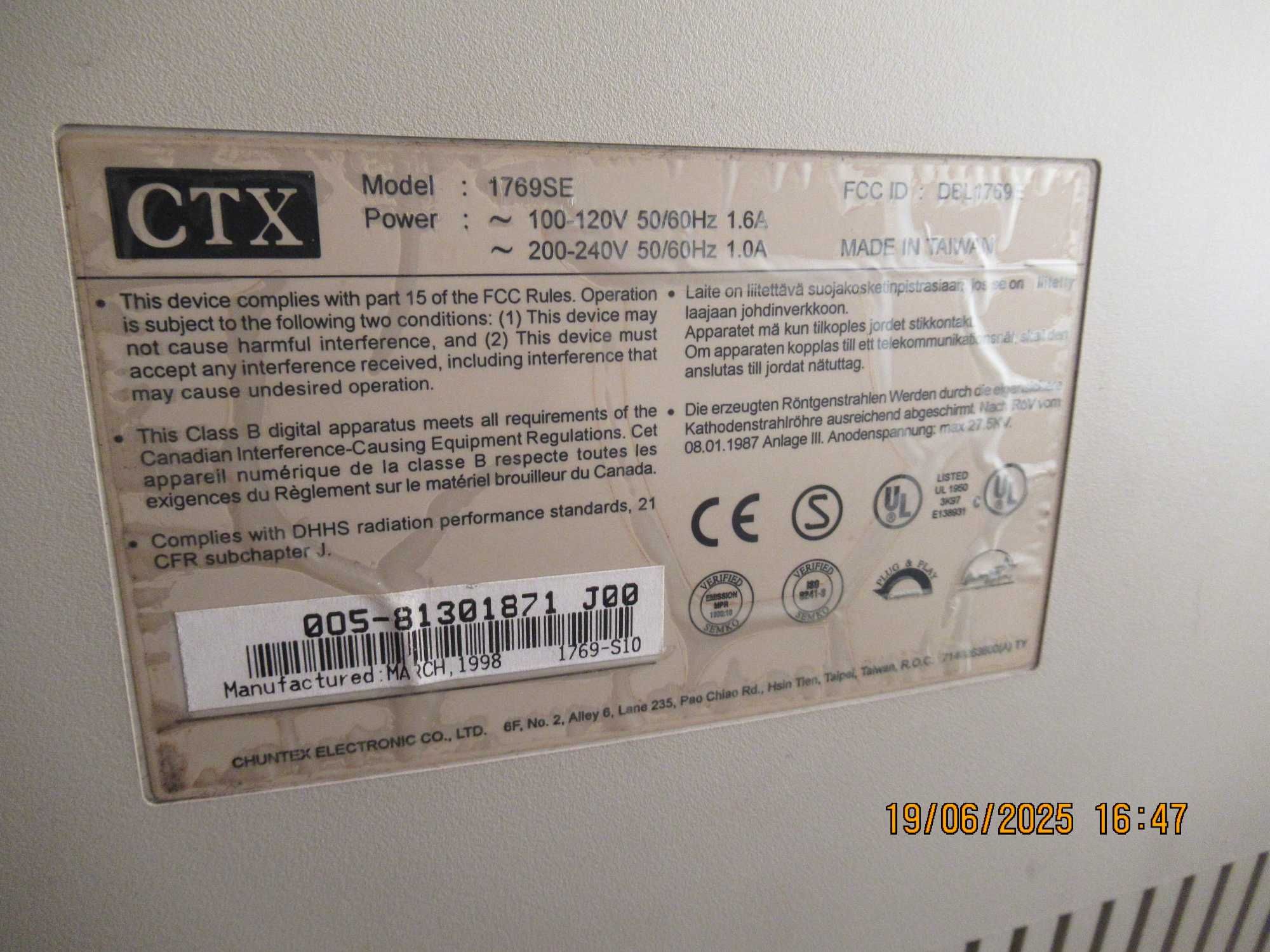 Stary monitor kineskopowy CRT CTX 1769se