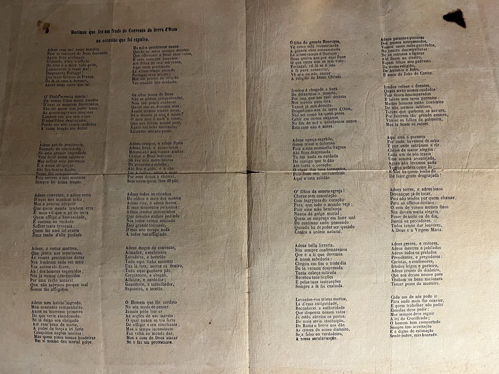Documento do Séc XIX Decimas que fez um Frade do Convento Serra D’Ossa