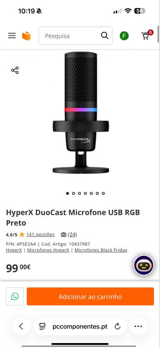 Microfone HyperX duoCast RGB + braço articulado