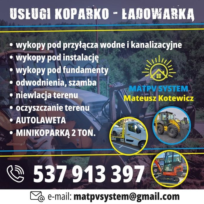Usługi Koparko-ładowarka, Autolaweta, Minikoparka