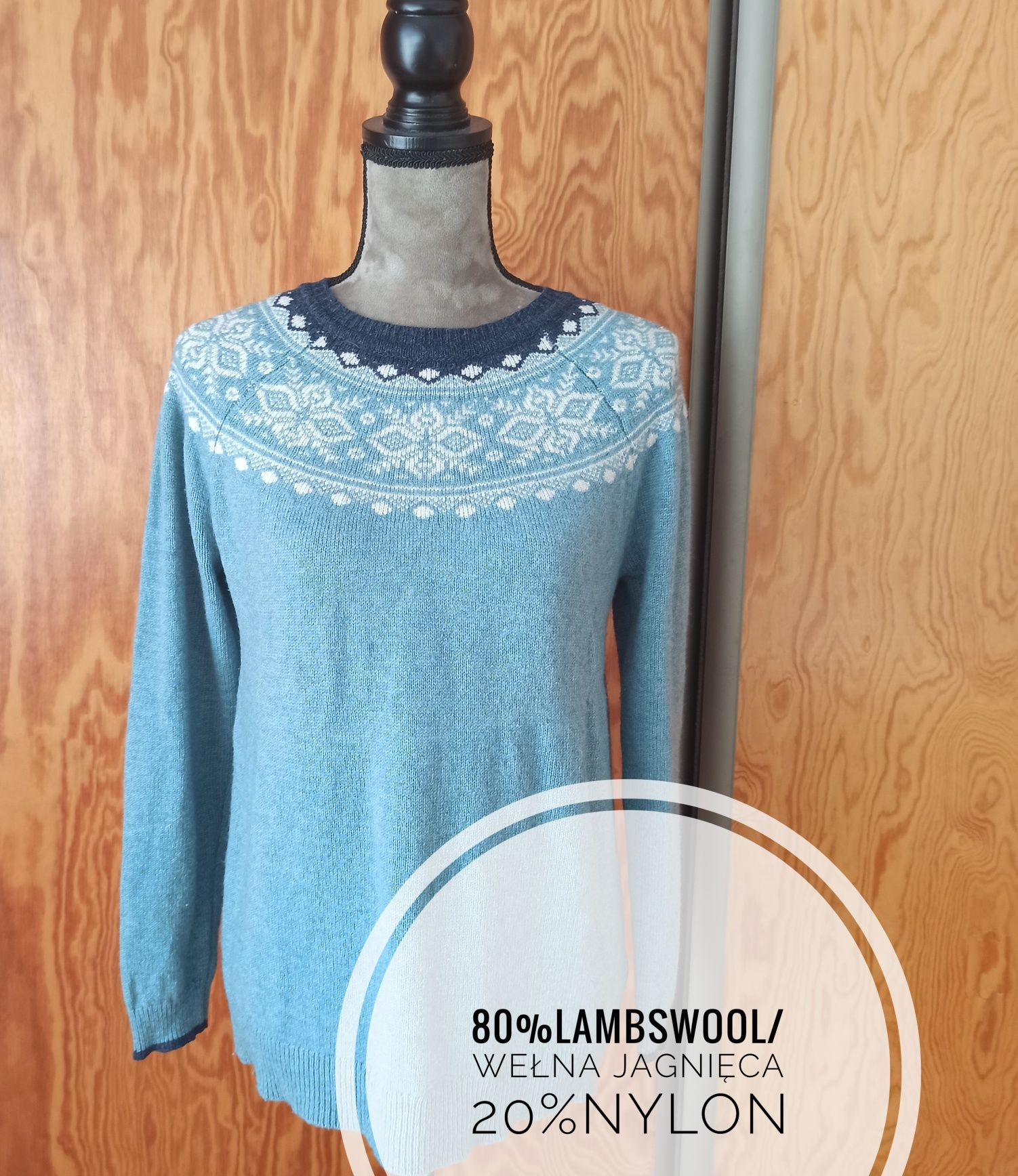 Wełniany sweter Arabella Addison 100% lambswool, skandynawski wzór, bł