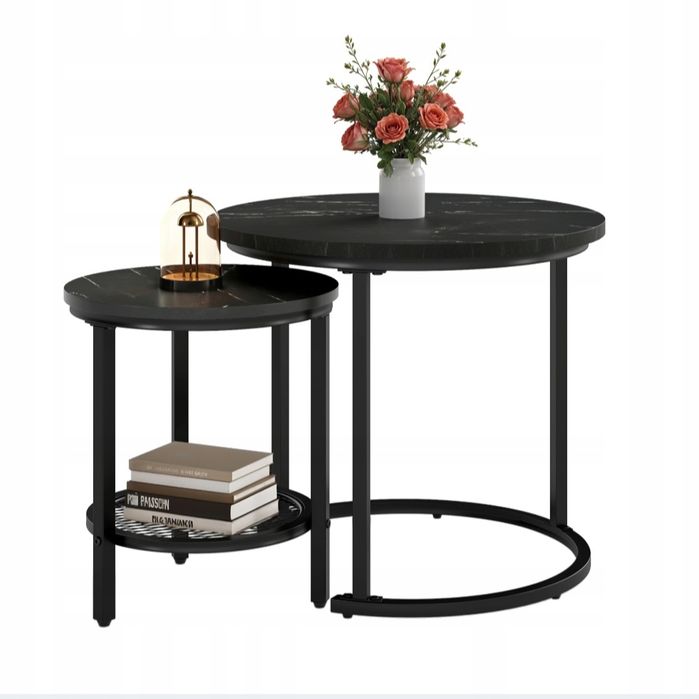 Zestaw Mały złoty stolik kawowy rozkładany okrągły 2 sztuki 60*50+38*