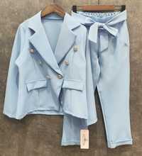 Komplet garnitur błękitny dla dziewczynki marynarka i spodnie 98-104