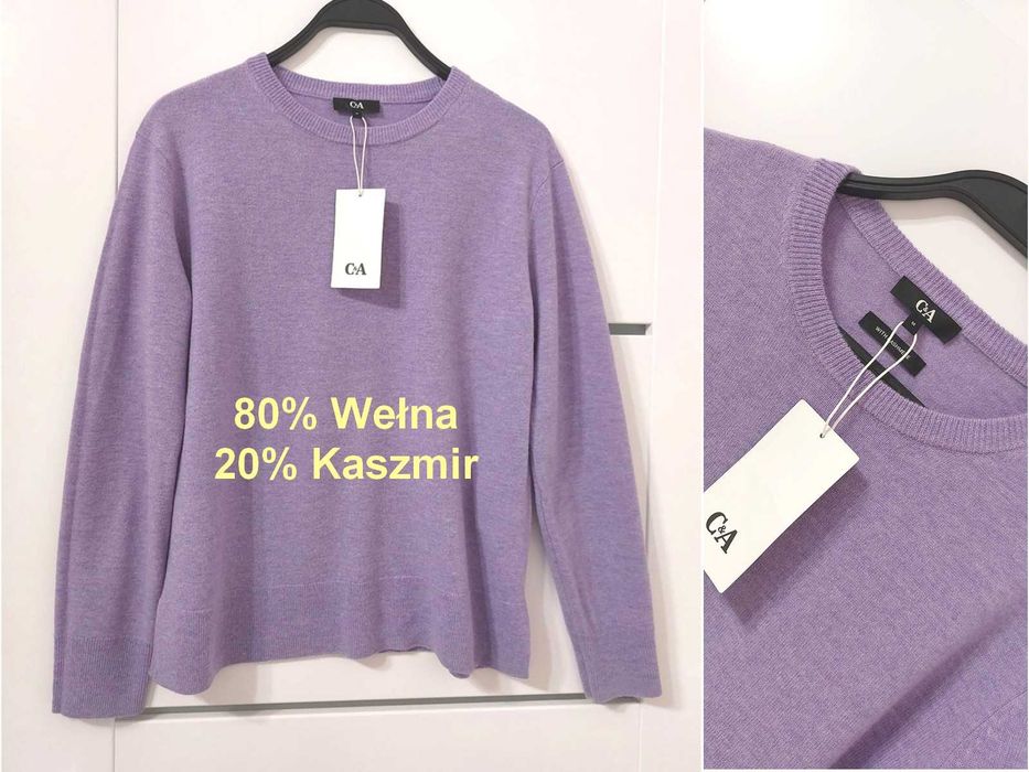 Sweterek M 38 fioletowy C&A Nowy z metką kaszmir wełna