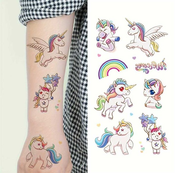 10 arkuszy tatuaży! Śliczne tatuaże TĘCZOWE JEDNOROŻCE