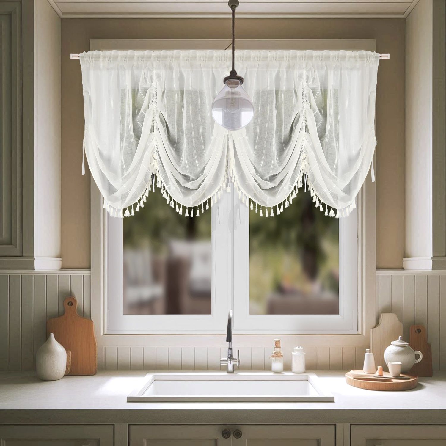 Firana boho biała 140x400 z frędzelkami