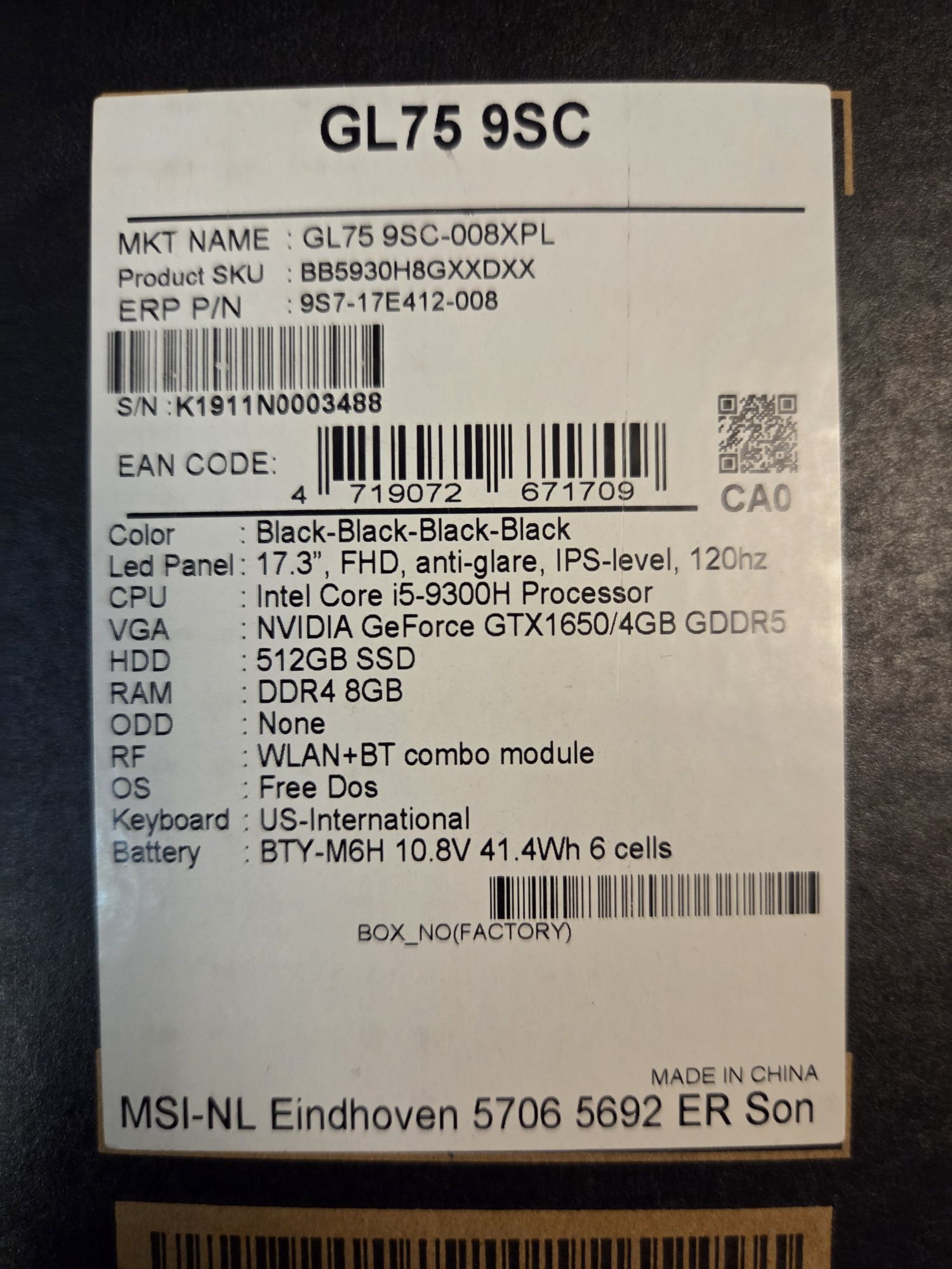 Laptop MSI GL75 9SC-008XPL