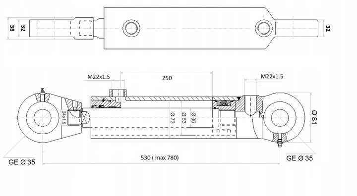 3/24 Siłownik hydrauliczny Cylinder dwustronnego CJ2F 63/36/250