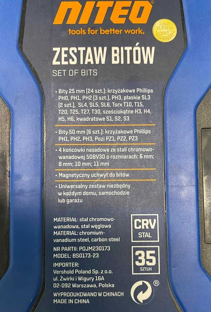 Zestaw BITÓW KOŃCÓWKI HEX Do WKRĘTARKI Wiertarki NITEO 35 szt. Pudełko