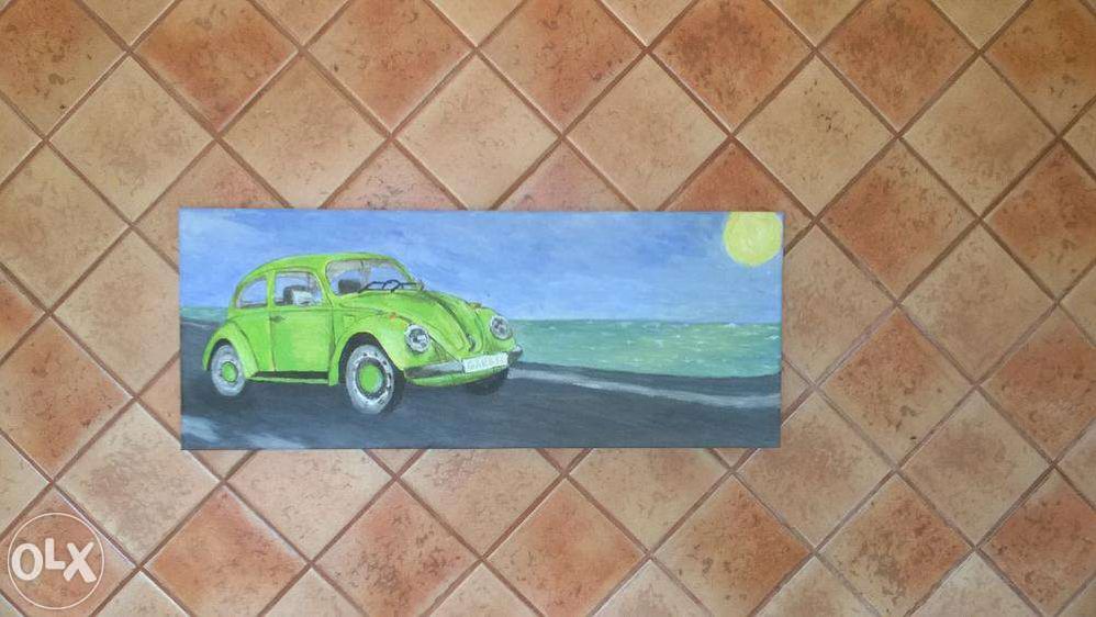 Obraz ręcznie malowany, Garbus, VW Beetle,samochód ,zielony,na prezent