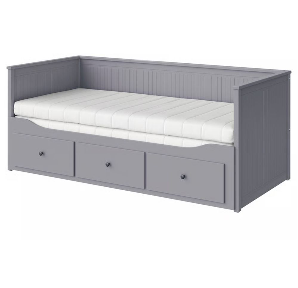 HEMNES Leżanka z 3 szufladami, 2 materace, szary