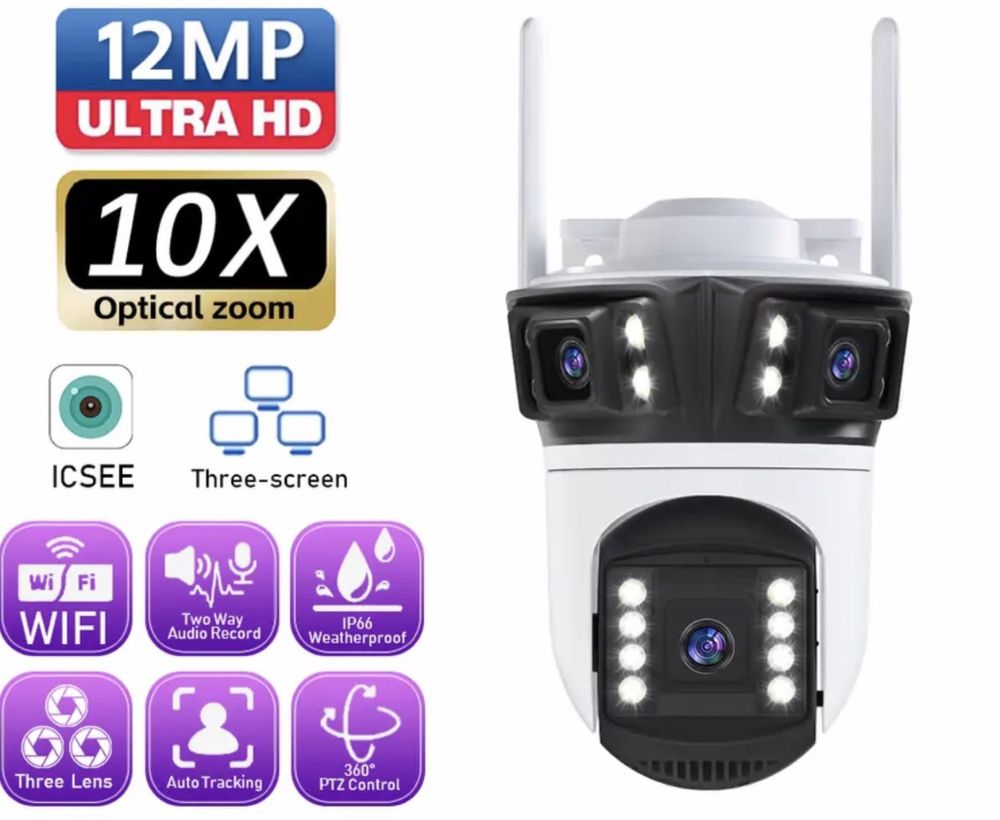 Камера Уличная WiFi IP ICSee камера 12MP 3 объектива Zoom видеокамера