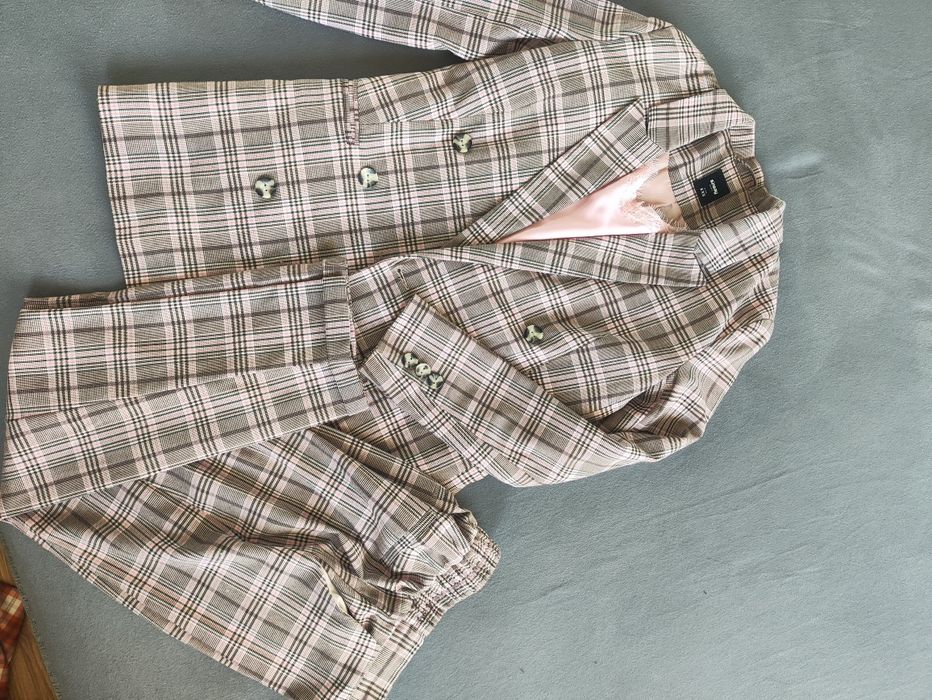 Garnitur damski marynarka żakiet spodnie wizytowe w kant krata kratka