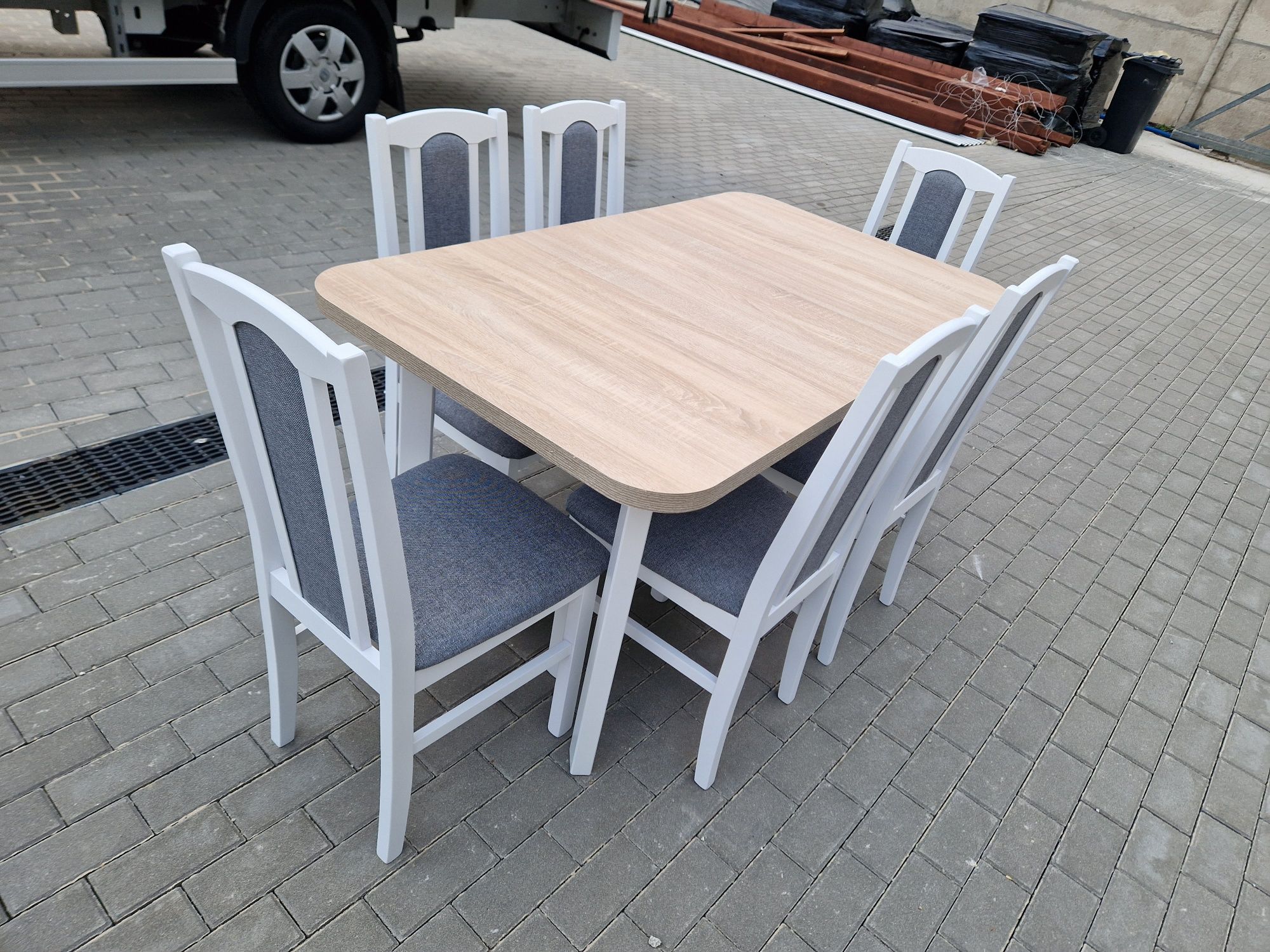 Nowe: Stół 80x140/180 + 6 krzeseł, biały/sonoma + szary, dostawa PL