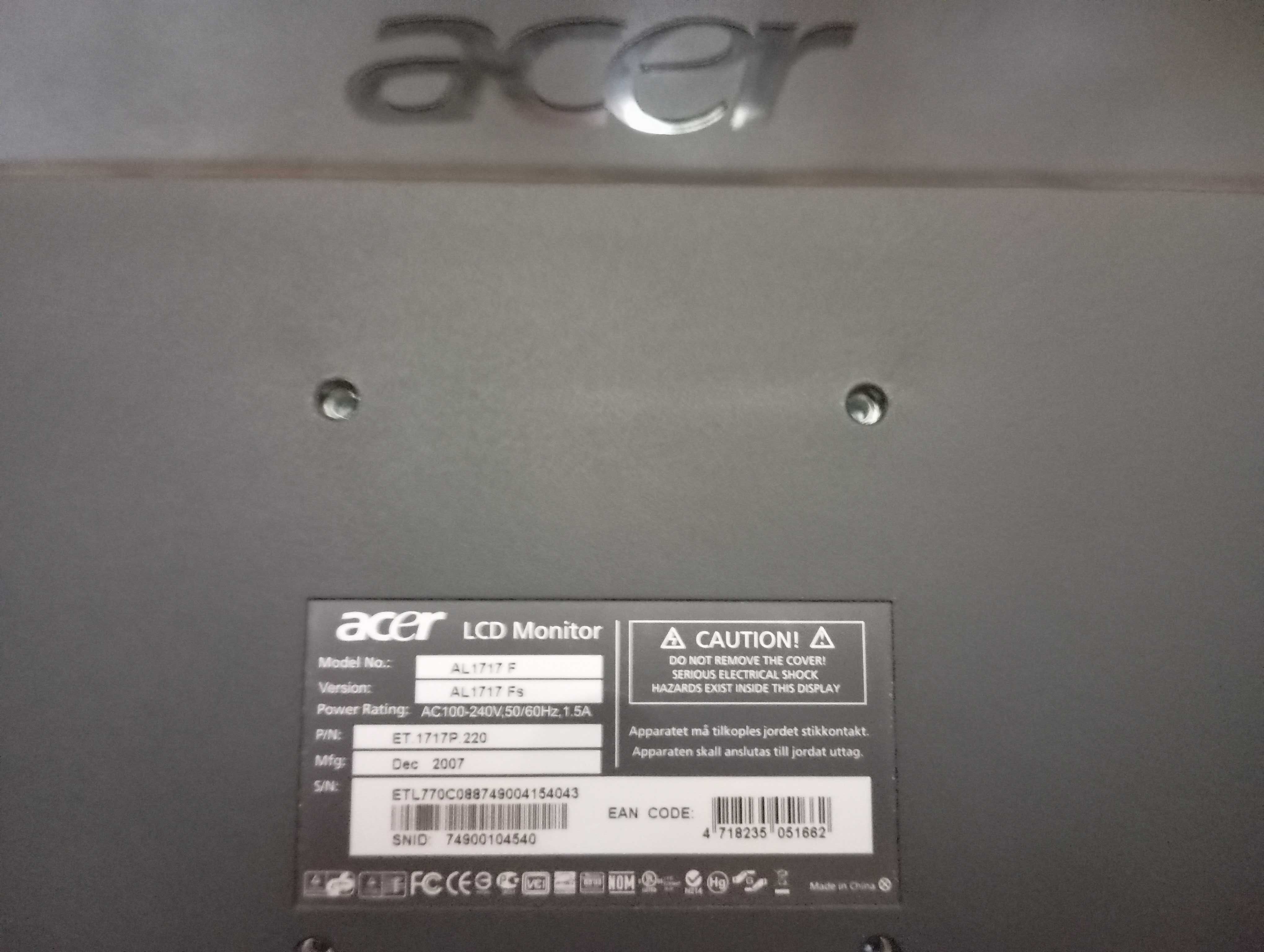Продам недорого Led монітор для комп'ютера Acer AL1717F, Китай,  17”