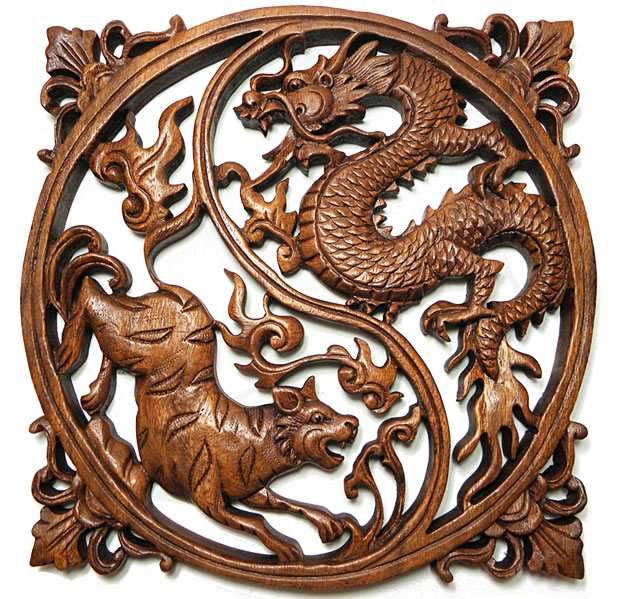 Rzeźba drewno Panel SMOK i TYGRYS Rękodzieło Indonezja 30cm Yin Yang