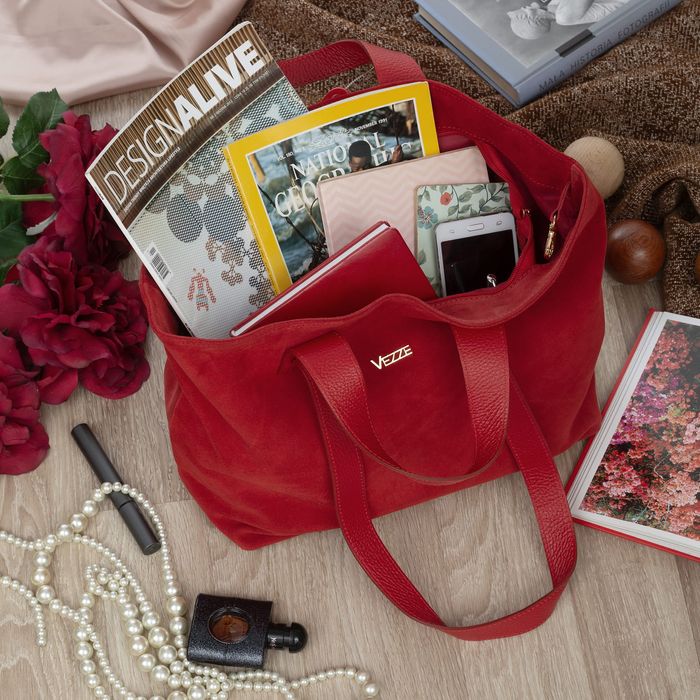 VEZZE torebka damska zamszowa shopper z długimi rączkami V498 czerwona