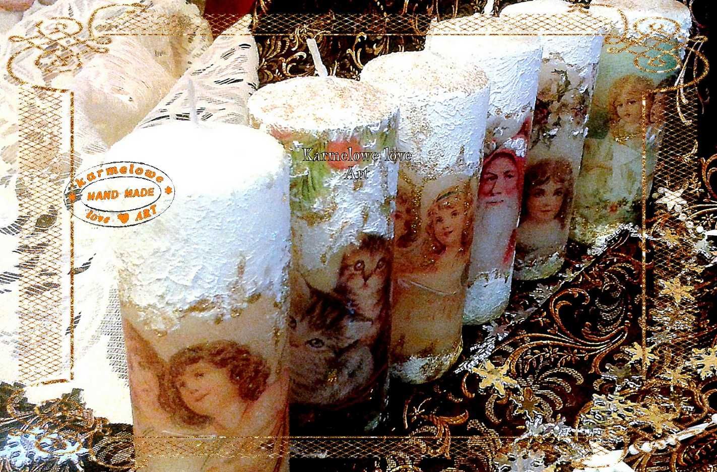 Ozdoby świąteczne świece decoupage, rekodzieło, prezent