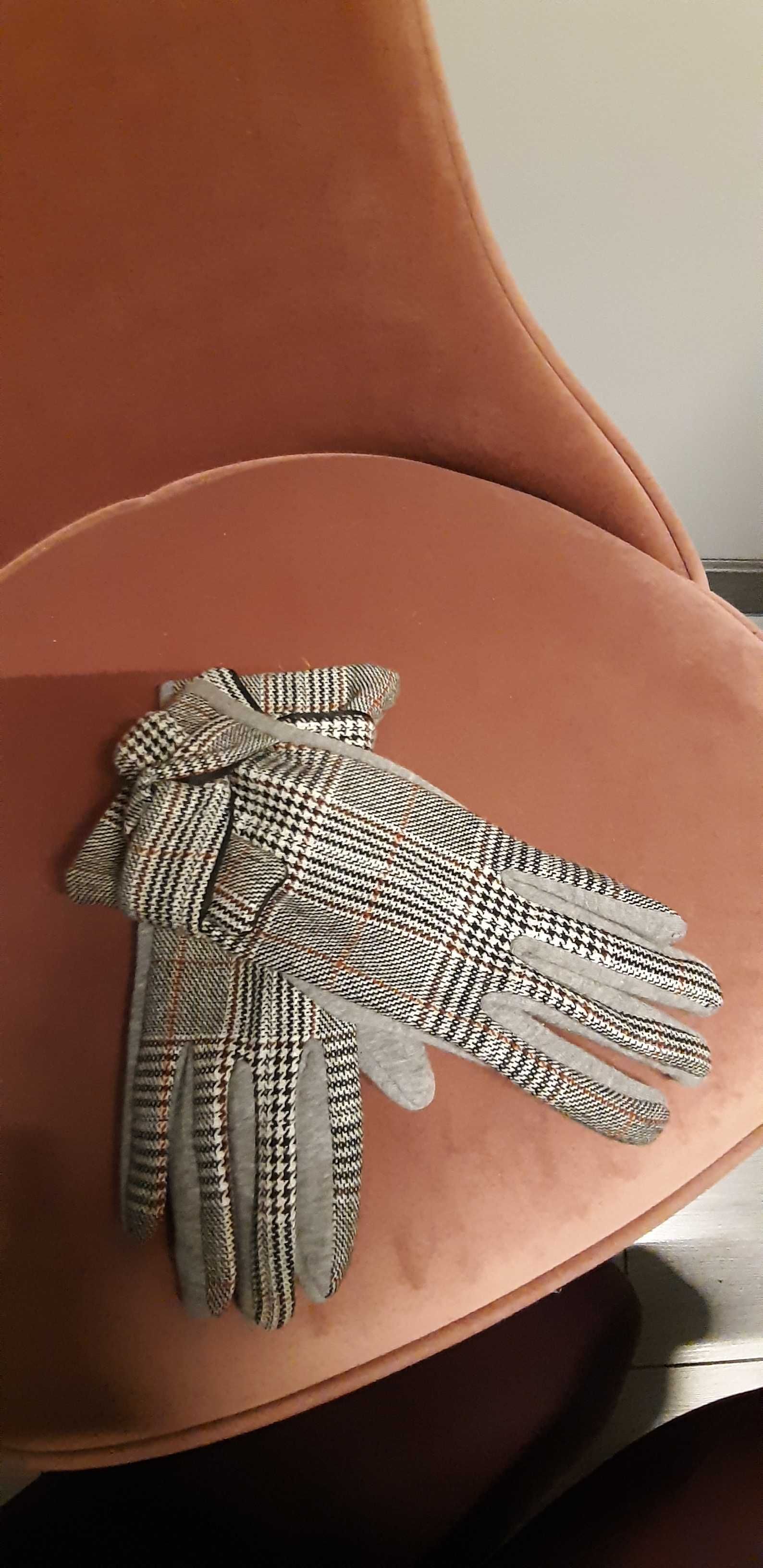 Materiałowe rękawiczki Moraj szare kratka pepitka rozm S/M
