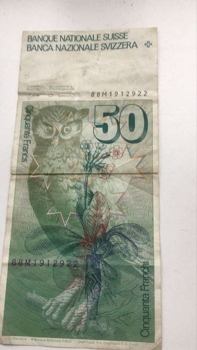 50frankow szwajcarskich banknot z lat 80 do 2000 w obiegu
