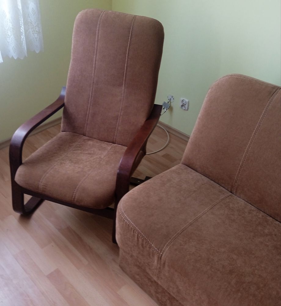 Zestaw wersalka kanapa sofa dwa fotele fotel bujany na płozach stolik
