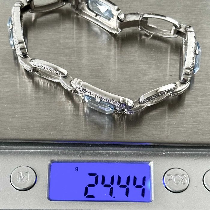 Srebrna bransoletka z Akwamarynami Art Deco z ok. 1920 roku, próba 800