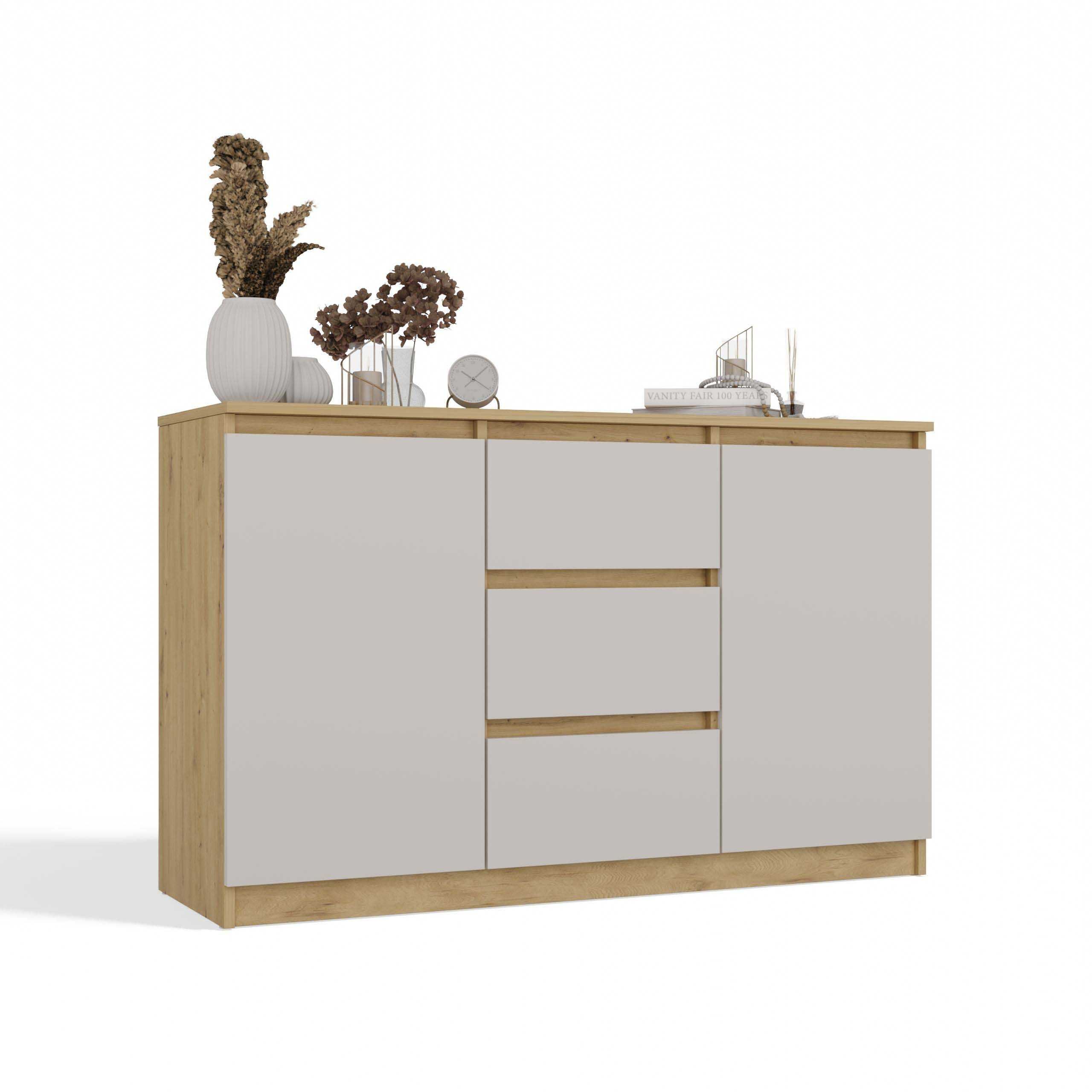 Komoda 2D3S 120 Cm 3 szuflady 2 drzwi Szafka DĄB ARTISAN / KASZMIR BEŻ