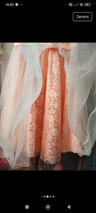 Pastelowa koronkowa sukienka koktajlowa M/L elegancka, jak nowa wesele