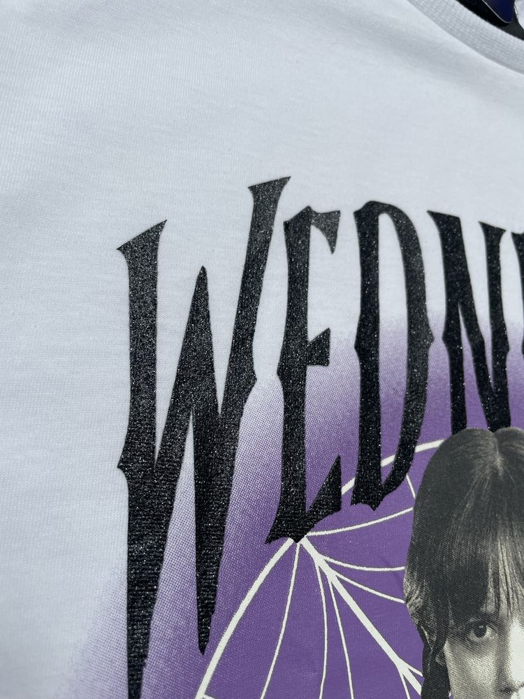 152 158 George bawełniana biała koszulka tshirt brokat Wednesday