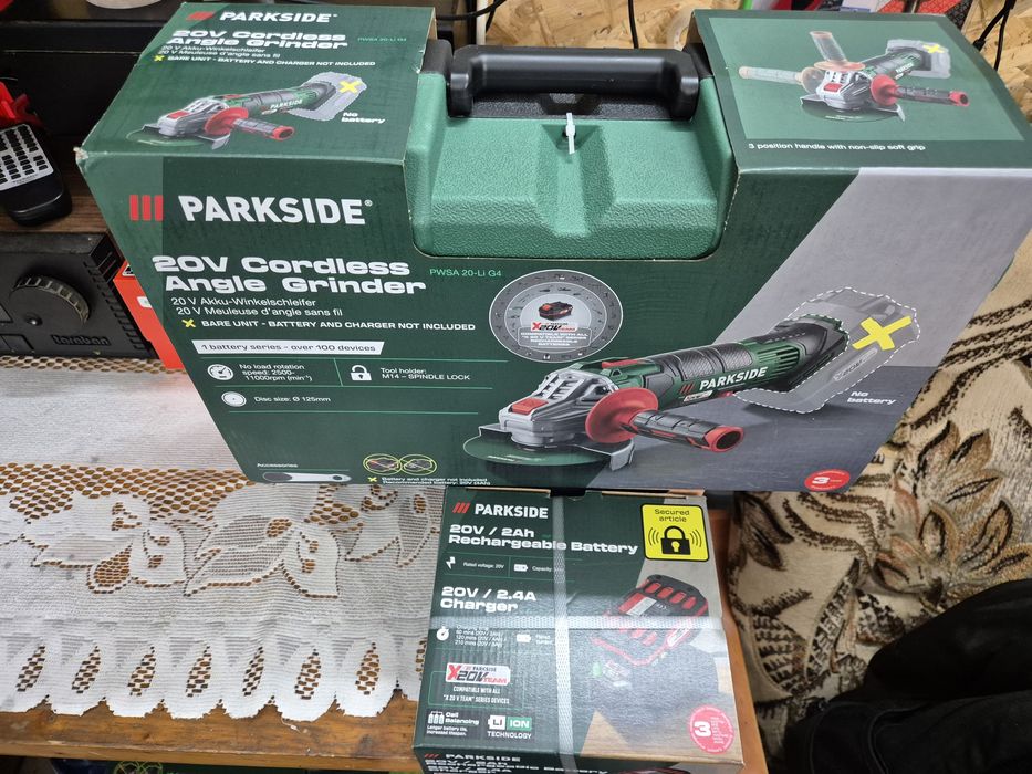 Szlifierka kątowa akumulatorowa parkside z ładowarką i baterią, nowa,