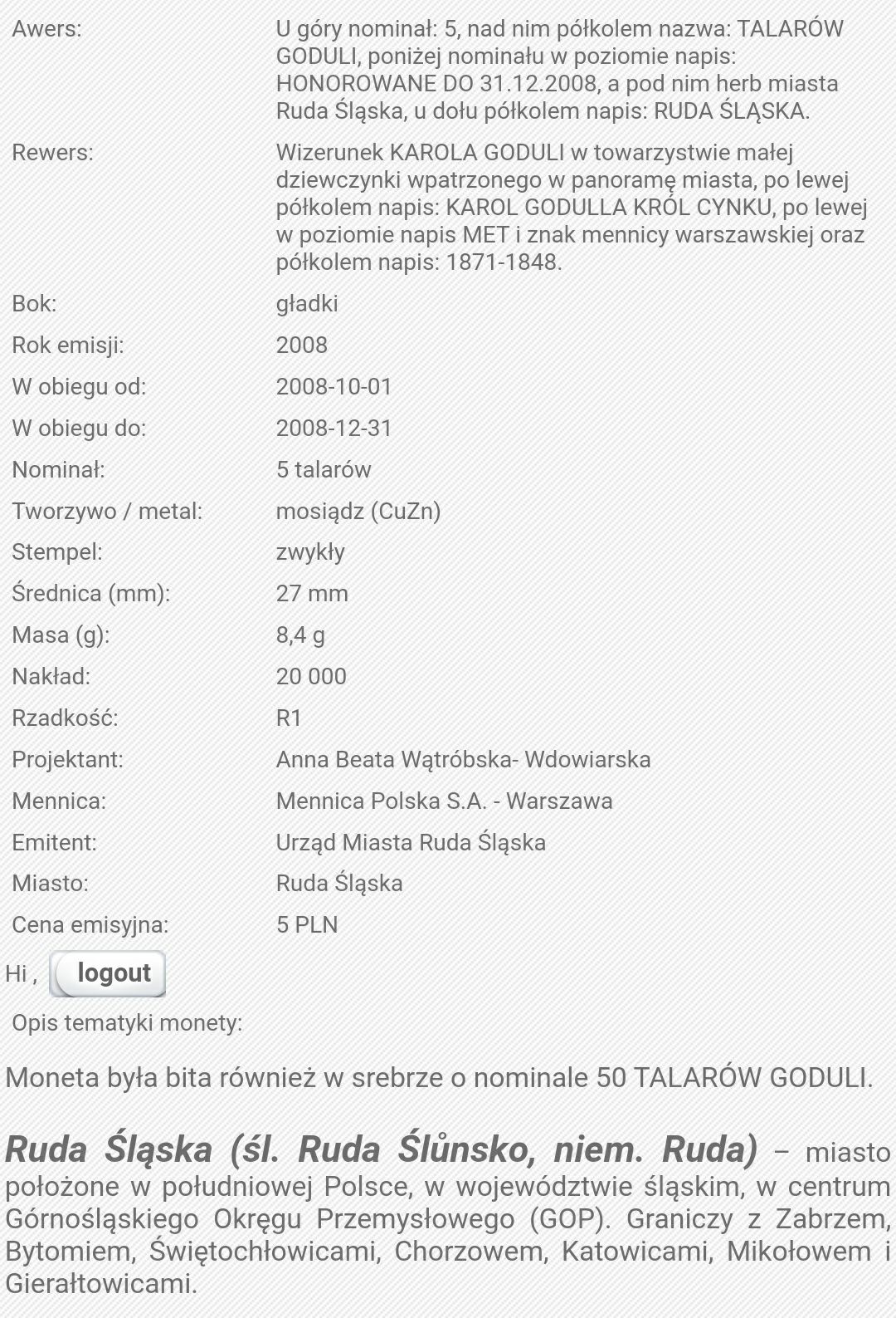 Moneta 5 talarów Goduli Ruda Śląska 2008