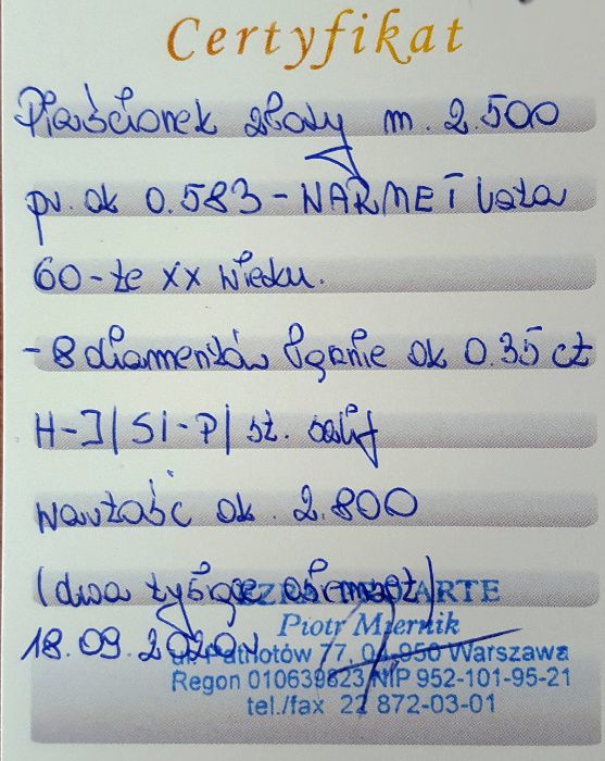 Złoty pierścionek zdobiony diamentami WARMET po 1963 roku