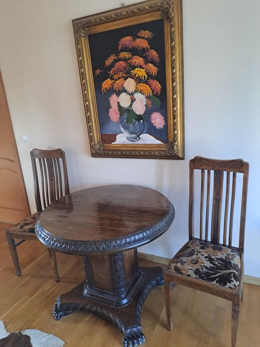 Stół okrągły antyk dębowy plus 2 krzesła